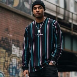VOX POPULI Streetwear Vertical Striped Long Sleeve Tshirt w Embroidered Hype XL